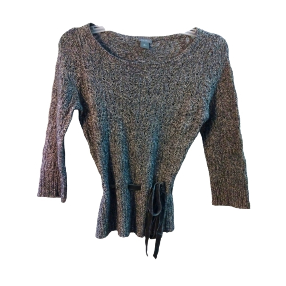 Ann Taylor Wool Gray Knit 3/4 Sleeve Belted Tie Accent Swoop Neck Soft Sweater M